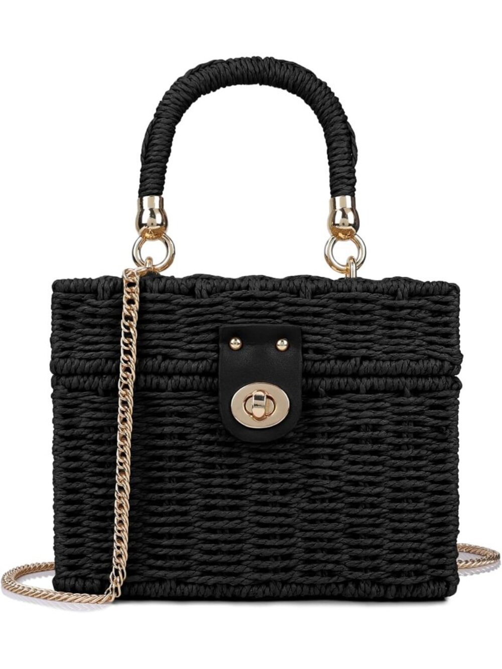 Women's Black Wicker Crossbody Shoulder Bag Straw Beach Tote Bag Top Handle